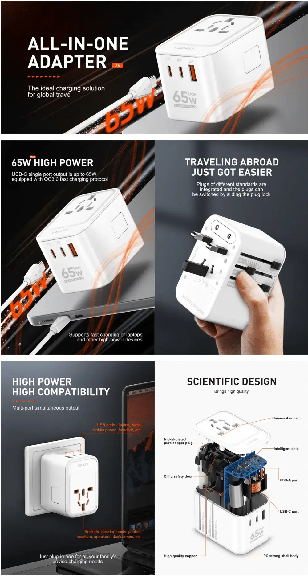 LDNIO Z6 65W 3 USB Ports GaN Travel Adapter